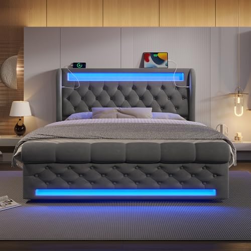 Kinberry Polsterbett Doppelbett 160x200cm - Modernes Polsterbett, Stauraum-Kopfteil mit USB- und Typ-C-Anschlüssen, Hydraulisches Stauraumbett, Grau, Samt(Ohne Matratze) von Kinberry