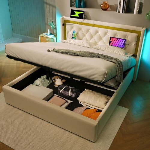 Kinberry Polsterbett - Doppelbett Stauraum Bettkasten mit USB Typ C Ladefunktion Kopfteil,Stauraumbetten Bettgestell aus Baumwolle Jugendbett 140x200 mit lattenrost(Ohne Matratze) von Kinberry