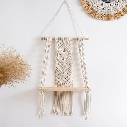 Wandregal Holz Regal, Wand Boho Deko Hängeregal Baumwollseil Handgewebte Schweberegal Holz Makramee Hängeregal für Wohnzimmer Schlafzimmer Balkon, Regal zum Aufhängen für Pflanzen und Heimdekoration von Kinberry