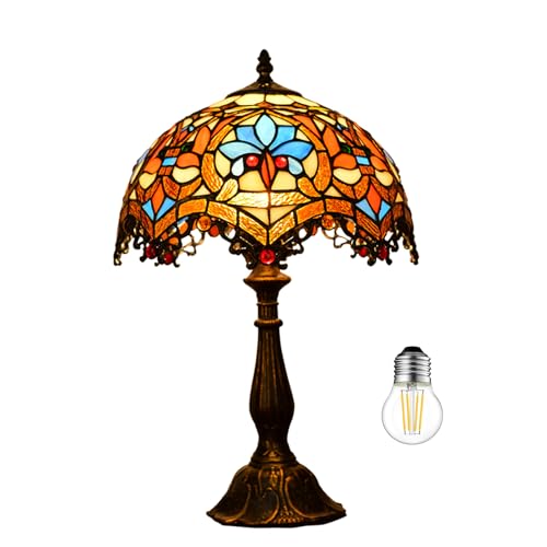 Kinbolas Tischlampe im Tiffany Stil,Vintage Nachttischlampe Schlafzimmer Deko Lampe,Jugendstil Art Deco Tischleuchte,Bunte Glas lampenschirm 30cm / 12 Zoll Mit E27 Birne von Kinbolas