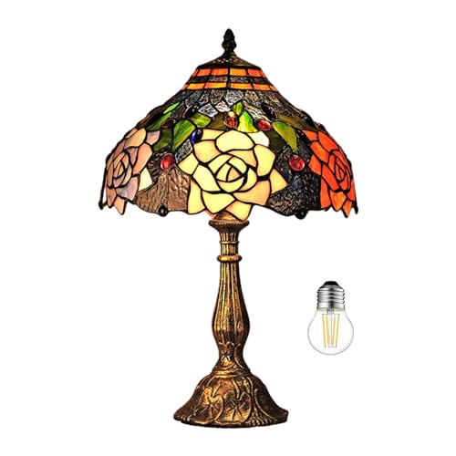 Kinbolas Tischlampe im Tiffany Stil,Vintage Nachttischlampe Schlafzimmer Deko Lampe,Jugendstil Art Deco Tischleuchte,Bunte Glas Rose lampenschirm 30cm / 12 Zoll Mit E27 Birne von Kinbolas