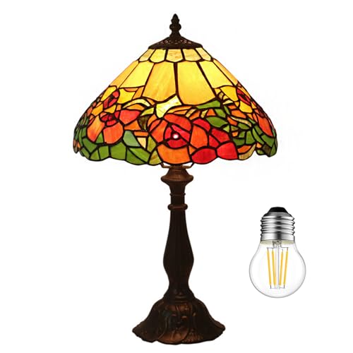 Kinbolas Tischlampe im Tiffany Stil,Vintage Nachttischlampe Schlafzimmer Deko Lampe,Jugendstil Art Deco Tischleuchte,Bunte Glas Blume lampenschirm 30cm / 12 Zoll Mit E27 Birne (H-1) von Kinbolas