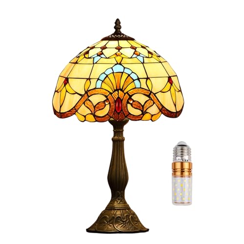 Kinbolas Tischlampe im Tiffany Stil,Vintage Nachttischlampe Schlafzimmer Deko Lampe,Jugendstil Art Deco Tischleuchte,Bunte Glas Barock lampenschirm 30cm / 12 Zoll mit E27 Birne von Kinbolas
