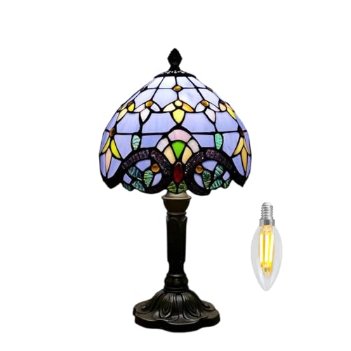 Kinbolas Tischlampe kleine im Tiffany Stil,Vintage Nachttischlampe,Schlafzimmer Deko Lampe,Jugendstil Tischleuchte,Blau Barock Buntglas Lampenschirm 20cm / 8 Zoll mit E14 LED Birne(HUAHAOBLK8-BLUE) von Kinbolas