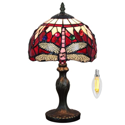 Kinbolas Tischlampe kleine im Tiffany Stil,Vintage Nachttischlampe,Schlafzimmer Fensterbank Deko Lampe,Jugendstil Tischleuchte,Libellen Buntglas lampenschirm 20cm / 8 Zoll Mit LED E14 Birne(J-4) von Kinbolas