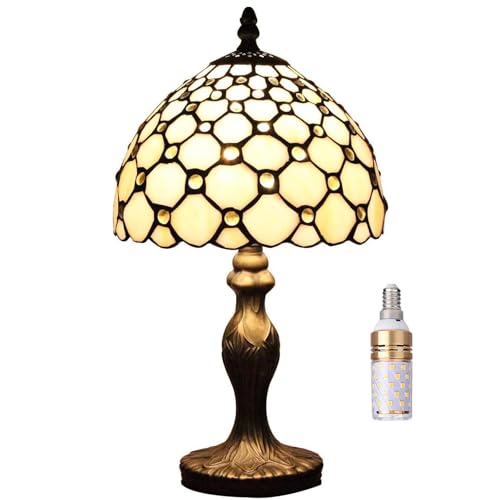 Kinbolas Tischlampe kleine im Tiffany Stil,Vintage Nachttischlampe,Schlafzimmer Fensterbank Deko Lampe,Jugendstil Tischleuchte,Beige Buntglas Lampenschirm 20cm / 8 Zoll mit LED E14 Birne von Kinbolas