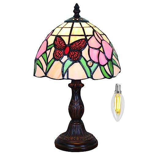 Kinbolas Tischlampe kleine im Tiffany Stil,Vintage Nachttischlampe,Schlafzimmer Deko Lampe,Jugendstil Tischleuchte,Schmetterling Blume Buntglas Lampenschirm mit 20cm / 8 Zoll Mit E14 LED Birne von Kinbolas