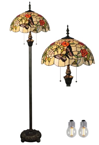 Kinbolas Stehlampe Tiffany Style 16 Zoll Retro Schmetterling Blume Buntglas Lampenschirm leselampe Vintage stehende lampe Boho Art Deko Schlafzimmer Wohnzimmer standleuchte- Pedal Switch(Color:B-7) von Kinbolas