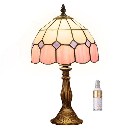 Kinbolas Tischlampe Im Tiffany-stil, Art-deco-beleuchtung Handgefertigte Buntglaslampenschatten Kleiner Nacht Nachtte Schlafzimmerlampe, Wohnzimmer, Mediterraner Tischdekoration Licht (Color:Pink 2) von Kinbolas