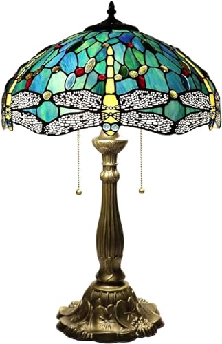 Kinbolas Tischlampe Im Tiffany-stil 16 Zoll Blaue Libelle Art deco beleuchtung Handgefertigte Buntglaslampenschatten Nacht Nachtte Schlafzimmerlampe,Wohnzimmer Tischdekoration Licht von Kinbolas