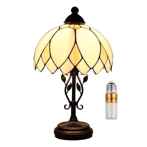 Kinbolas Tischlampe im Tiffany Stil,Vintage Nachttischlampe Schlafzimmer Deko Lampe,Jugendstil Tischleuchte,Beige buntglas lampenschirm 25cm / 10 Zoll,Harz-Basis mit Kabel und E27 LED Birne(A) von Kinbolas