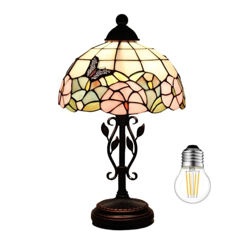 Kinbolas Tischlampe im Tiffany Stil,Vintage Nachttischlampe Schlafzimmer Deko Lampe,Jugendstil Art Deco Tischleuchte,Bunte Glas Butterfly lampenschirm 25cm / 10 Zoll Mit E27 Birne(B) V von Kinbolas