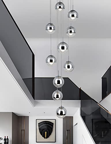 Treppe Pendelleuchte 10 Glas Kugel LED Moderne Pendellampe Kristall Hängeleuchte Höhenverstellbar Kronleuchter Geeignet Für Wohzimmer Esstisch,Treppe,Flur,Schlafzimmer Deckenleuchte Hängelampe,Silber von Kinbolas