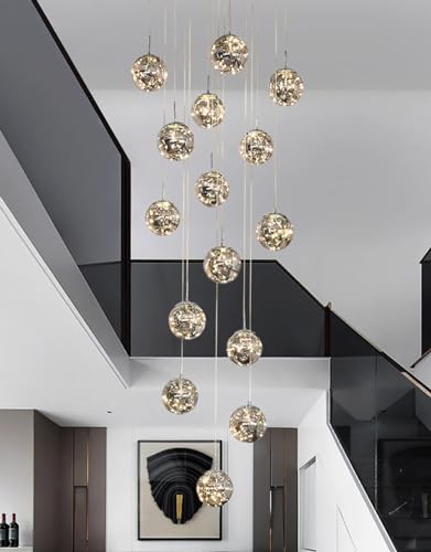 Kinbolas Pendelleuchte mit 15 Glaskugeln,Höhenverstellbar für Treppe,Flur,mit LED-Schnur 4000K-60×300CM,Grau von Kinbolas