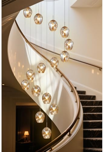 Treppe Pendelleuchte Glas Kugel Moderne Pendellampe Kristall Hängeleuchte Höhenverstellbar Kronleuchter Geeignet Für Wohzimmer Esstisch,Treppe,Flur,Schlafzimmer Deckenleuchte Hängelampe (15 lights) von Kinbolas