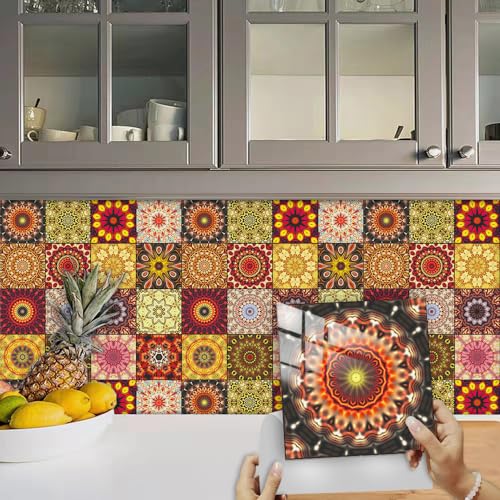 FliesenaufkleberAbstraktes Gelb Rot Mosaikfliesen PVC Klebefliesen Wasserdicht Fliesenaufkleber Bad Küchenrückwand Selbstklebend Ölfest Tile Sticker Wandfliesen Fliesen Folie Abziehbar 15x15cm/10 Pcs von Kinde