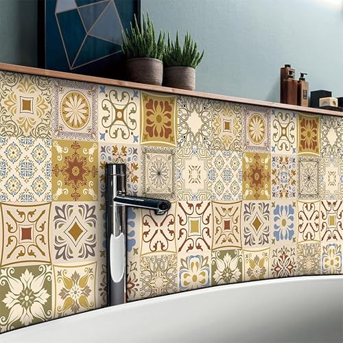FliesenaufkleberGrau Gelb Mosaikfliesen PVC Klebefliesen Wasserdicht Fliesenaufkleber Bad Küchenrückwand Selbstklebend Ölfest Tile Sticker Wandfliesen Fliesen Folie 10x10cm/10 Pcs von Kinde