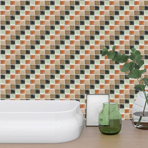 FliesenaufkleberMinzgrün Braun Mosaikfliesen PVC Klebefliesen Wasserdicht Fliesenaufkleber Bad Küchenrückwand Selbstklebend Ölfest Tile Sticker Wandfliesen Fliesen Folie Abziehbar 30x30cm/10 Pcs von Kinde