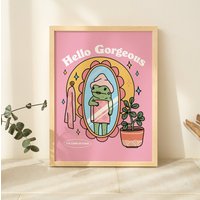 Girly Frosch Selbstliebe Wanddruck, Positivität Hallo Herrliches Zitat, Rosa Retro Plakate, Badezimmer Y2K Plakat Druck, Wohnheim Dekor Ungerahmt von KinderPlanetCompany