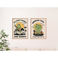 Set Von 2 Retro Frosch Poster, Zitat, Positive Selbstpflege Pilz Illustration, A3 A4 A2 Drucke, Neutral Gelb, Ungerahmt von KinderPlanetCompany