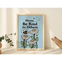 Süßes Blumen Poster, Vintage Blaue Illustration, Bienen Und Pflanzen Positivität, Be Kind Wanddekor, Retro 80Er Jahre Ästhetik, Ungerahmt von KinderPlanetCompany