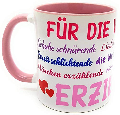 Danke Tasse Erzieherin Kindergärtnerin mit Geschenk - Verpackung Sprüche Abschiedsgeschenk Geburtstags-Geschenk Kaffeebecher Farbe rosa von Kinderlampenland