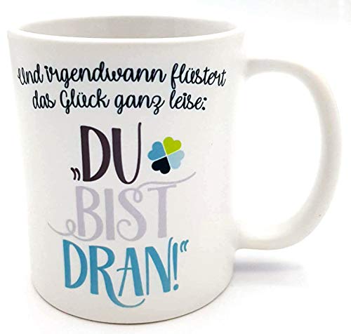 Kaffee Glücks-Tasse Glück Henkeltasse Kaffeebecher lustige Bürotasse Sprüchetasse grau/blau Geschenk von Kinderlampenland