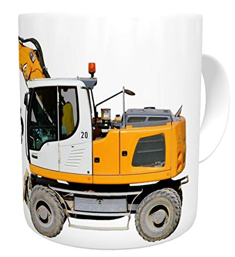 Kaffee-Tasse Bagger gelb Wunschname personalisiert Geburtstagsgeschenk Becher Arbeitskollege Baggerfahrer von Kinderlampenland