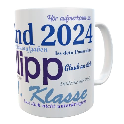 Kinderlampenland Namens-Tasse Schulkind 2023 zur Einschulung Jungen Sprüche blau inkl. Geschenkverpackung von Kinderlampenland