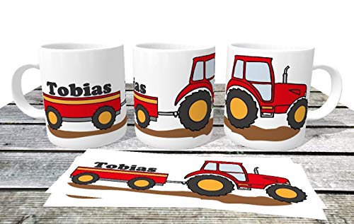 Kunststofftasse Traktor rot mit Name - Namenstasse Trecker Schlepper -Kindergartentasse für kleine Landwirte und Treckerfahrer von Kinderlampenland