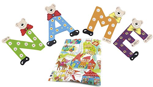 Playshoes Holzbuchstaben Bär im Set für Wunschname inkl Geschenkverpackung & Klebepunkte Türbuchstaben Holz Dekobuchstaben (4er Set) von Kinderlampenland