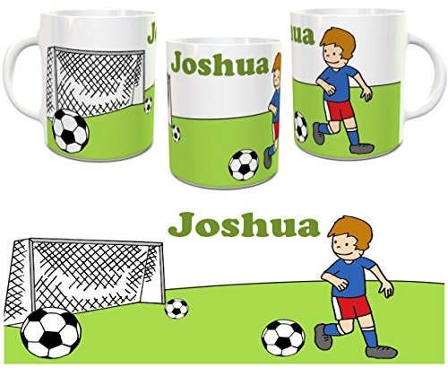 personalisierte Kindertasse Fußball mit Wunschname - Namenstasse blau/rot von Kinderlampenland