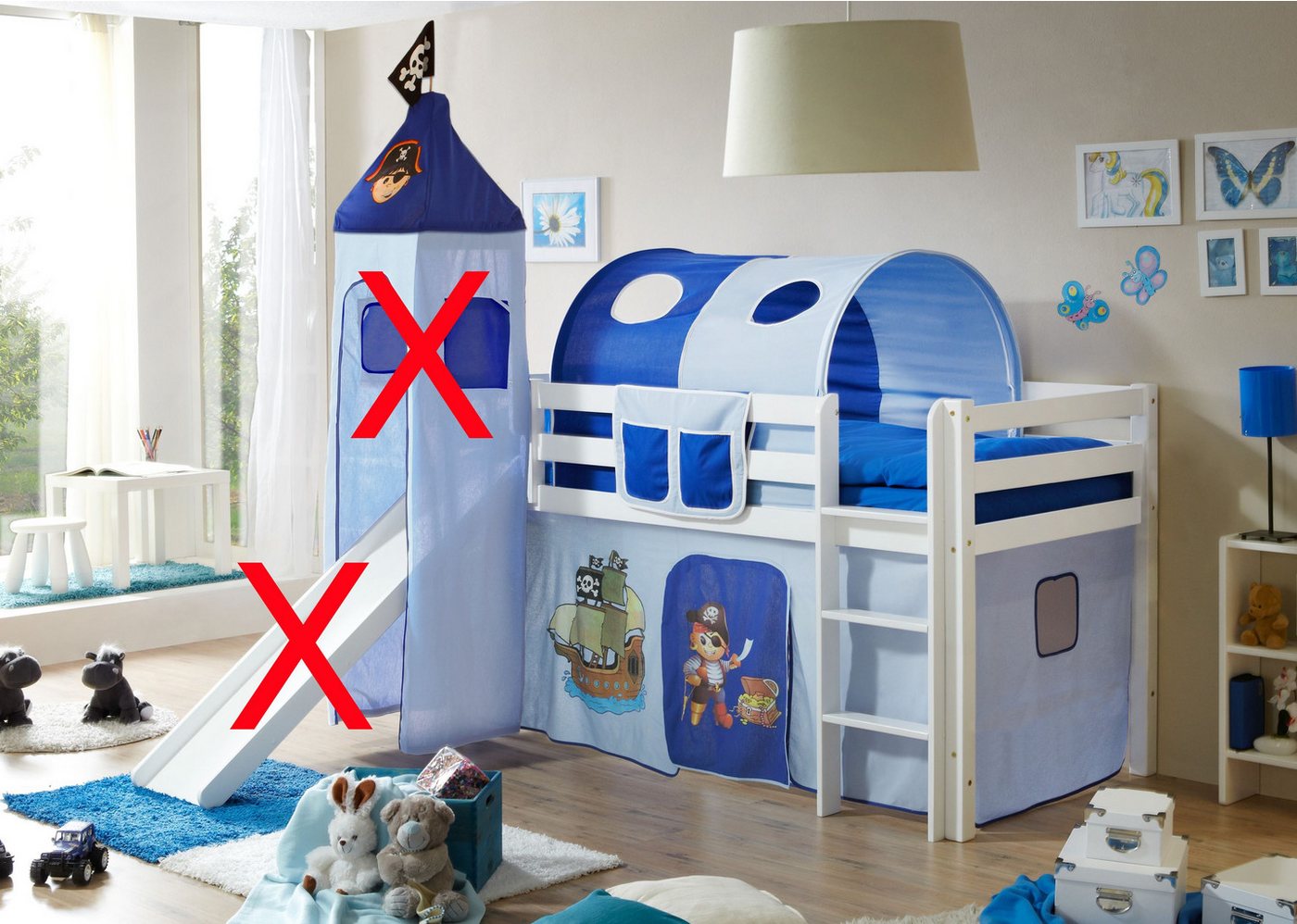 Kindermöbel 24 Hochbett Aron 90*200 cm Kiefer massiv weiß Auswahl Vorhang, Tunnel, Bett-Tasche von Kindermöbel 24