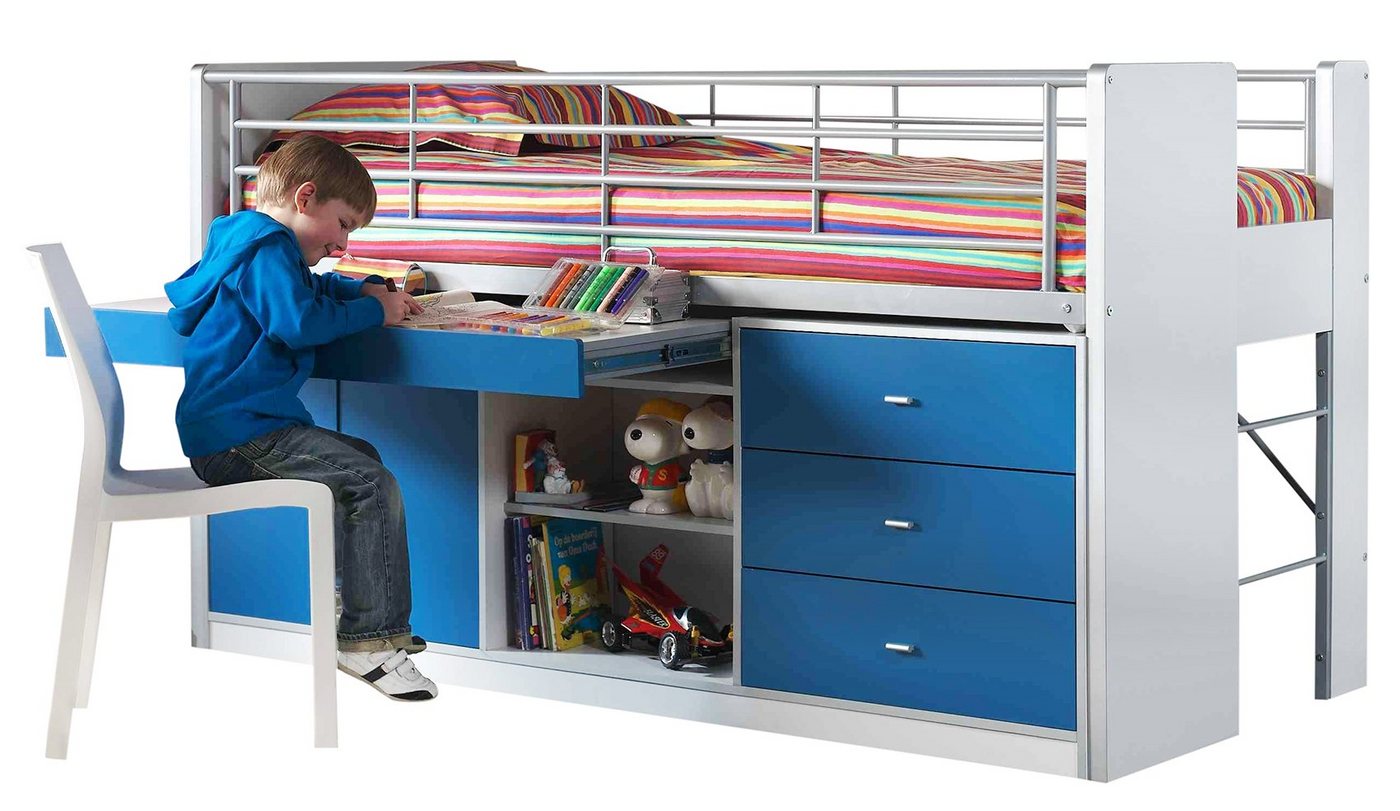 Kindermöbel 24 Hochbett Jax weiß - blau inkl. Schreibtisch von Kindermöbel 24