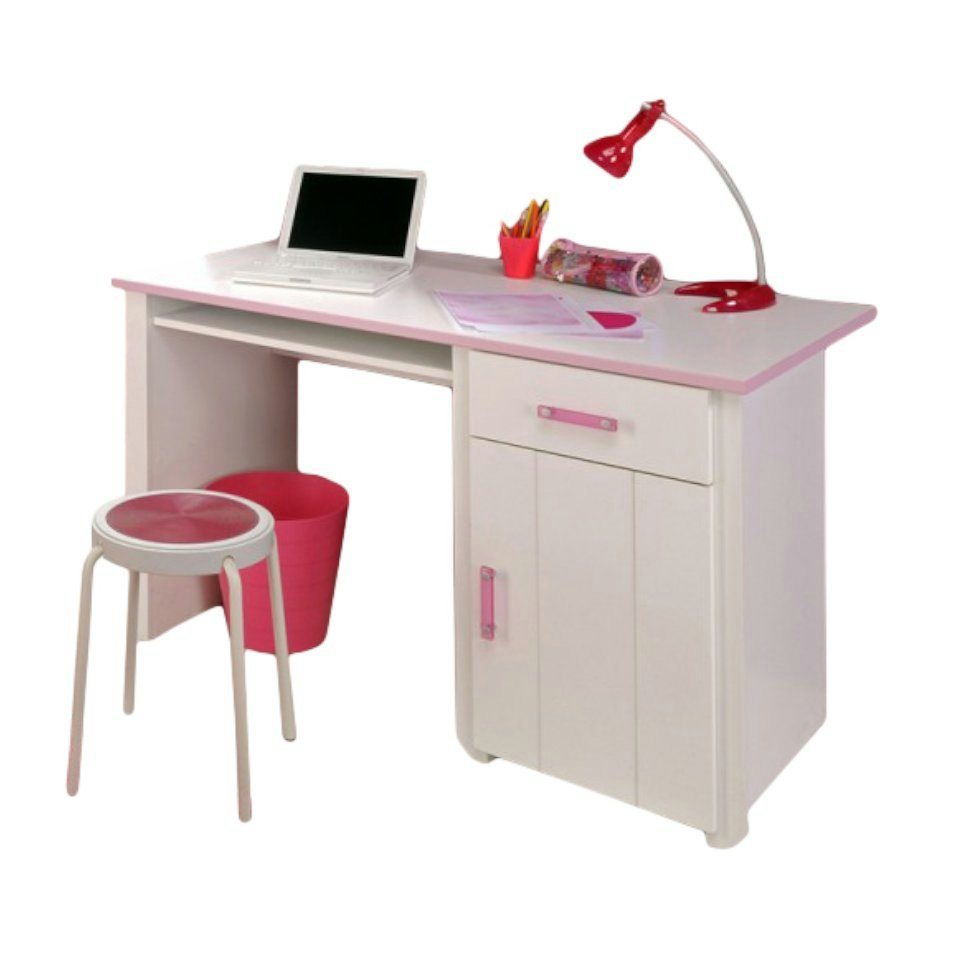 Kindermöbel 24 Kinderschreibtisch Biotiful Parisot weiß - rosa 1 Tür + Schublade + Fach von Kindermöbel 24
