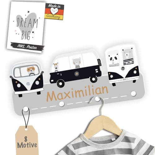 Garderobe mit Wunschname inkl. DIN A4 Poster - Personalisierte Kindergarderobe mit 4 Kleiderhaken für Kinder - Wild Cars - Grau von Kindsblick