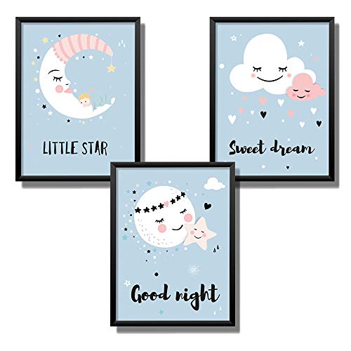 Kindsblick® 3er Set Poster für Kinderzimmer - DIN A4 Kinderposter für Jungen & Mädchen - Motiv: Gute Nacht - Hellblau - Wunderschöne Deko für jedes Kinderzimmer von Kindsblick