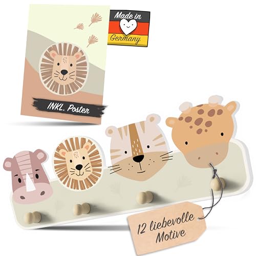 Kindsblick® "Safari Natur Kindergarderobe in Naturfarben inkl. A4 Poster - Garderobe Kinder Edition mit 4 Haken - Wunderschöne Kinder Garderoben Deko - Kinder Garderobe Maße (38 x 15 x 5 cm) von Kindsblick