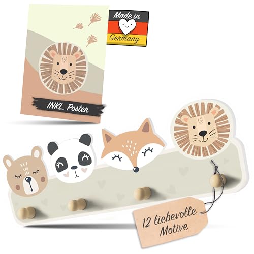 Kindsblick® "Tierträume Kindergarderobe in Naturfarben inkl. A4 Poster - Garderobe Kinder Edition mit 4 Haken - Wunderschöne Kinder Garderoben Deko - Kinder Garderobe Maße (38 x 15 x 5 cm) von Kindsblick