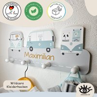 Kindsblick® Wild Cars Kindergarderobe in Mintgrün Incl. Din A4 Poster | Garderobe Mit 4 Kleiderhaken Für Kinder Wandtattoo Babyzimmer von Kindsblick