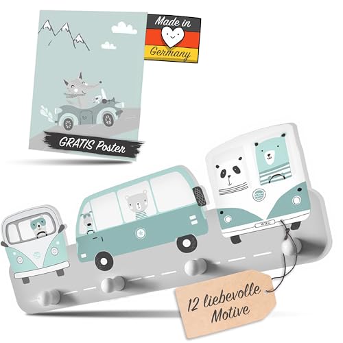 Kindsblick® Wild Cars Kindergarderobe in Mintgrün - Garderobe Edition mit 4 Haken - Inkl. niedlichem A4 Poster - Wunderschöne Kinder Garderoben Deko - Maße: 38 x 15 x 1 cm von Kindsblick