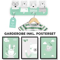 Kindsblick ® Bären Kindergarderobe in Mintgrün Inkl. Din A4 Posterset | Kinderzimmerset Wandtattoo |Babyzimmer Babyparty Geschenkidee von Kindsblick