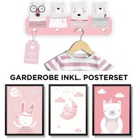 Kindsblick ® Bären Kindergarderobe in Rosa Inkl. Din A4 Posterset Tolles Kinderzimmerset Wandtattoo Babyzimmer Kinderzimmer von Kindsblick