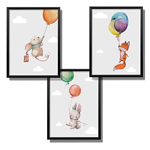 Kindsblick 3er Set Poster für Kinderzimmer - DIN A4 Kinderposter für Jungen & Mädchen - Motiv: Süße Luftballon Tiere - Grau - Wunderschöne Deko für jedes Kinderzimmer von Kindsblick