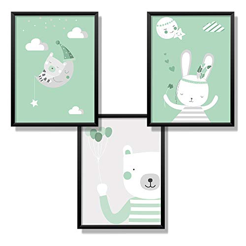 Kindsblick 3er Set Poster für Kinderzimmer - DIN A4 Kinderposter für Jungen & Mädchen - Motiv: Tierträume - Mintgrün - Wunderschöne Deko für jedes Kinderzimmer von Kindsblick