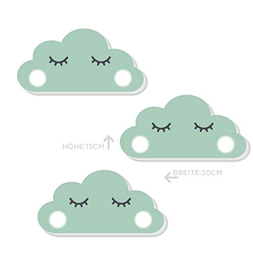 Kindsblick 3er Set XL Wandsticker Wolken Sleepy Eyes in Mintgrün - Wunderschönes Wandtattoo mit 3D-Effekt - Wandaufkleber für Kinderzimmer - Maße (30 x 15 cm) von Kindsblick