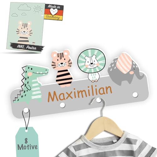 Kindsblick Garderobe mit Wunschname inkl. DIN A4 Poster - Personalisierte Kindergarderobe mit 4 Kleiderhaken für Kinder (Junglefreunde - Grau) von Kindsblick