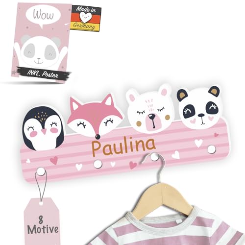 Kindsblick Garderobe mit Wunschname inkl. DIN A4 Poster - Personalisierte Kindergarderobe mit 4 Kleiderhaken für Kinder (Tierträume rosa) von Kindsblick