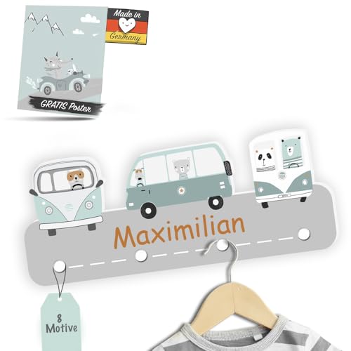 Kindsblick Garderobe mit Wunschname inkl. DIN A4 Poster - Personalisierte Kindergarderobe mit 4 Kleiderhaken für Kinder (Wild Cars - Mintgrün) von Kindsblick