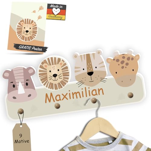 Kindsblick Garderobe mit Wunschname inkl. DIN A4 Poster - Personalisierte Kindergarderobe mit 4 Kleiderhaken für Kinder (Safari Natur) von Kindsblick